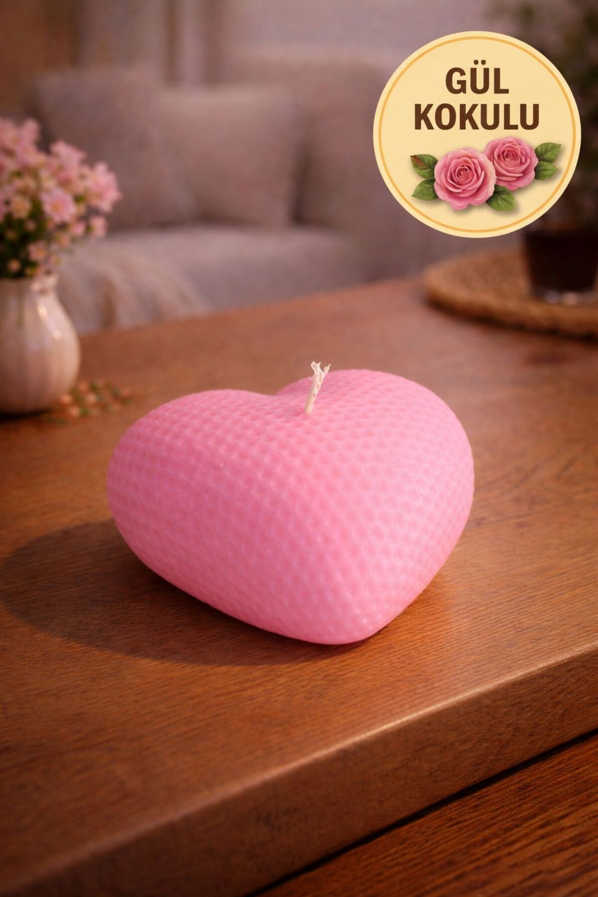 Gül Kokulu Açık Pembe Renkli Kalpli Mum