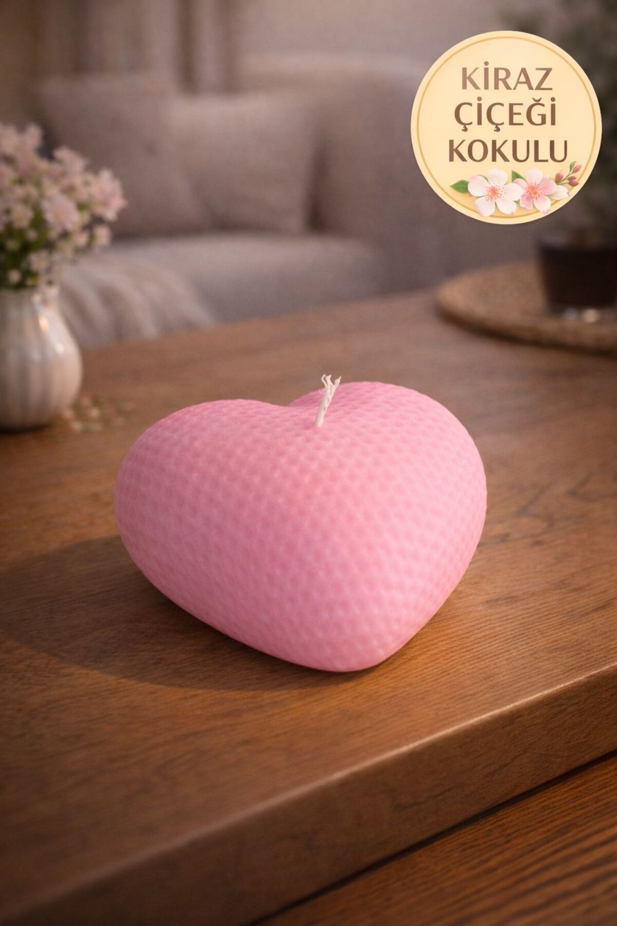 Kiraz Çiçeği Kokulu Açık Pembe Renkli Kalpli Mum