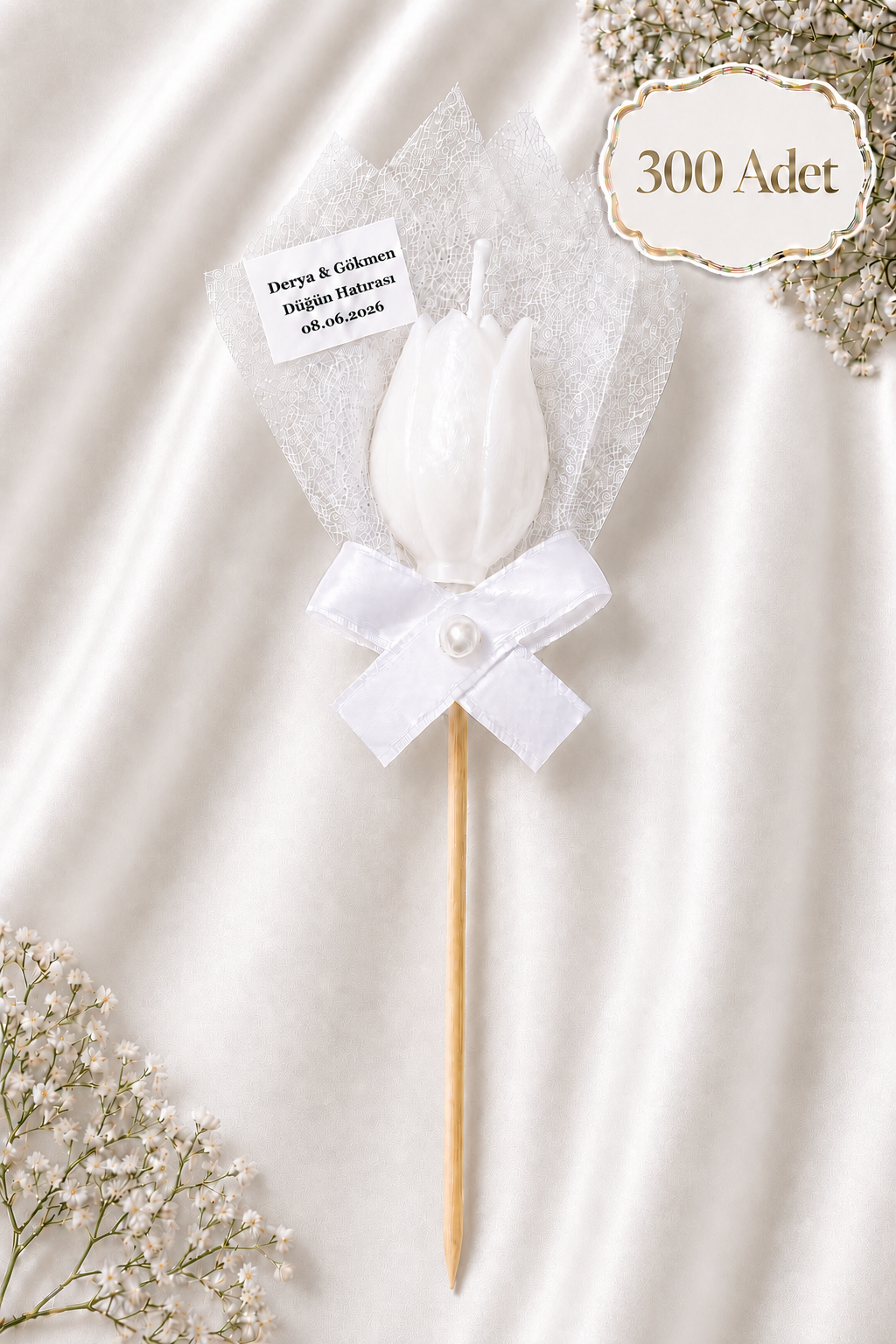 300 Adet Kişiye Özel İnci Taneli Beyaz Lale Kokulu Mum Hediyelik Söz Nişan Kına Baby Shower Organizasyon Hediyesi