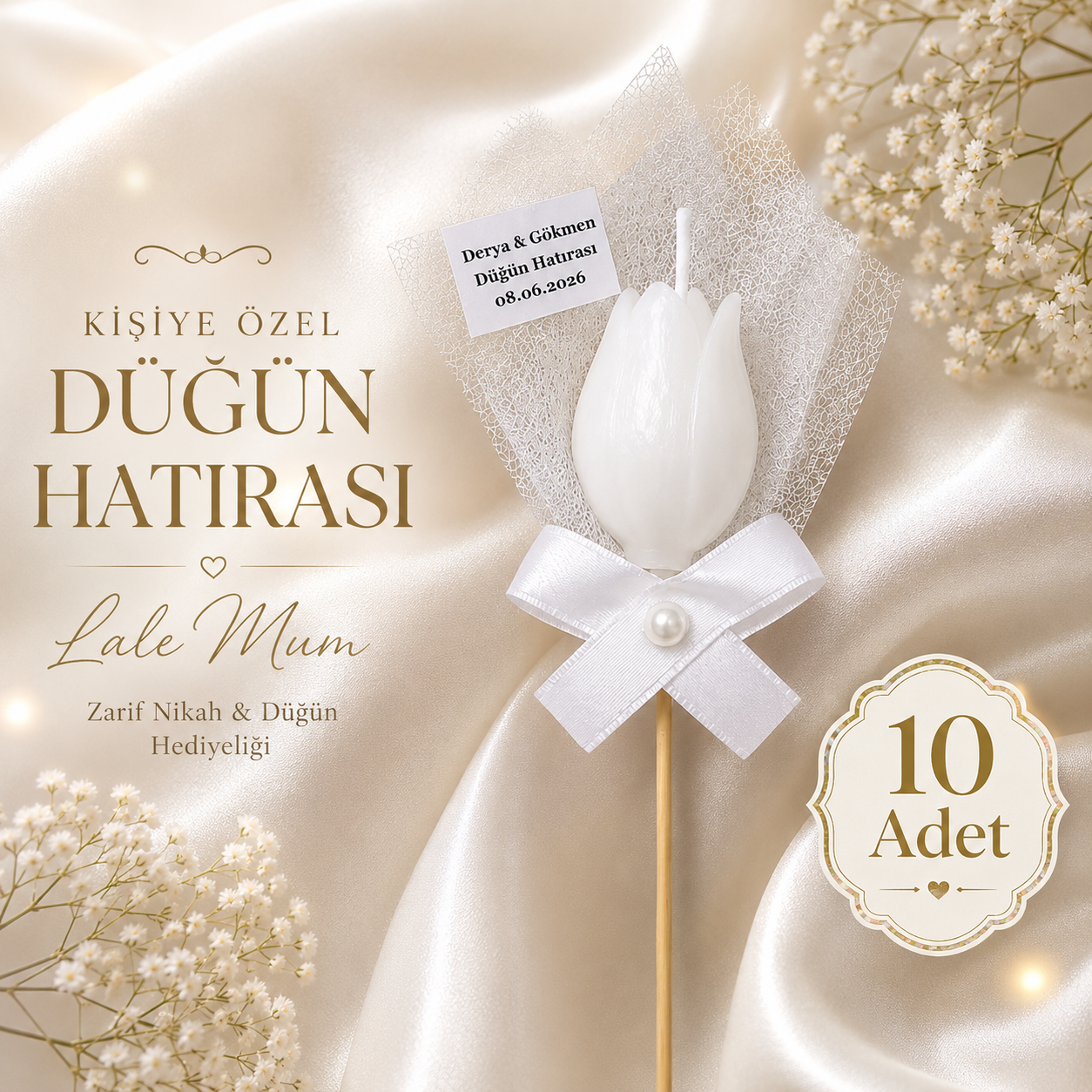 10 Adet Kişiye Özel İnci Taneli Beyaz Lale Kokulu Mum Hediyelik Söz Nişan Kına Baby Shower Organizasyon Hediyesi