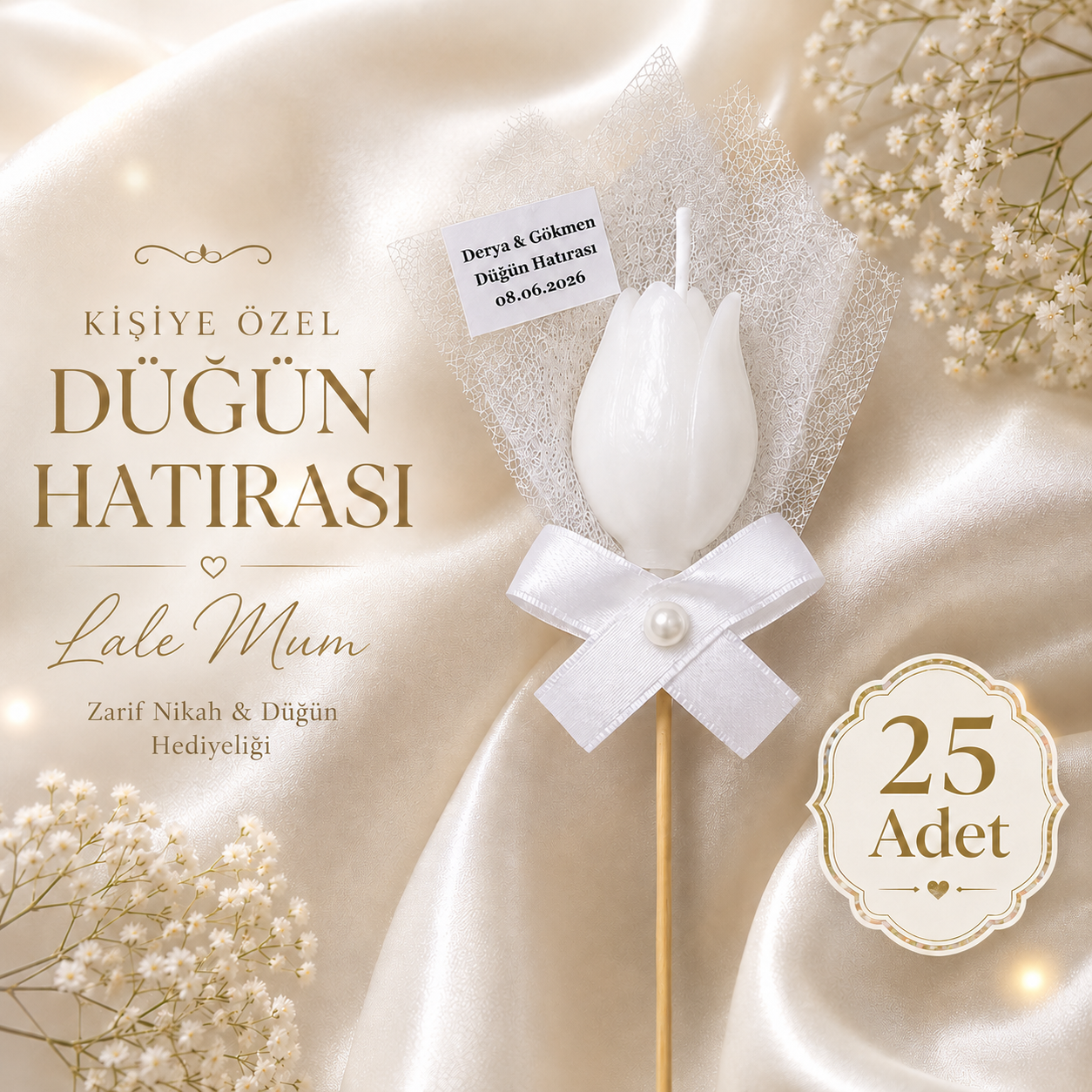 25 Adet Kişiye Özel İnci Taneli Beyaz Lale Kokulu Mum Hediyelik Söz Nişan Kına Baby Shower Organizasyon Hediyesi
