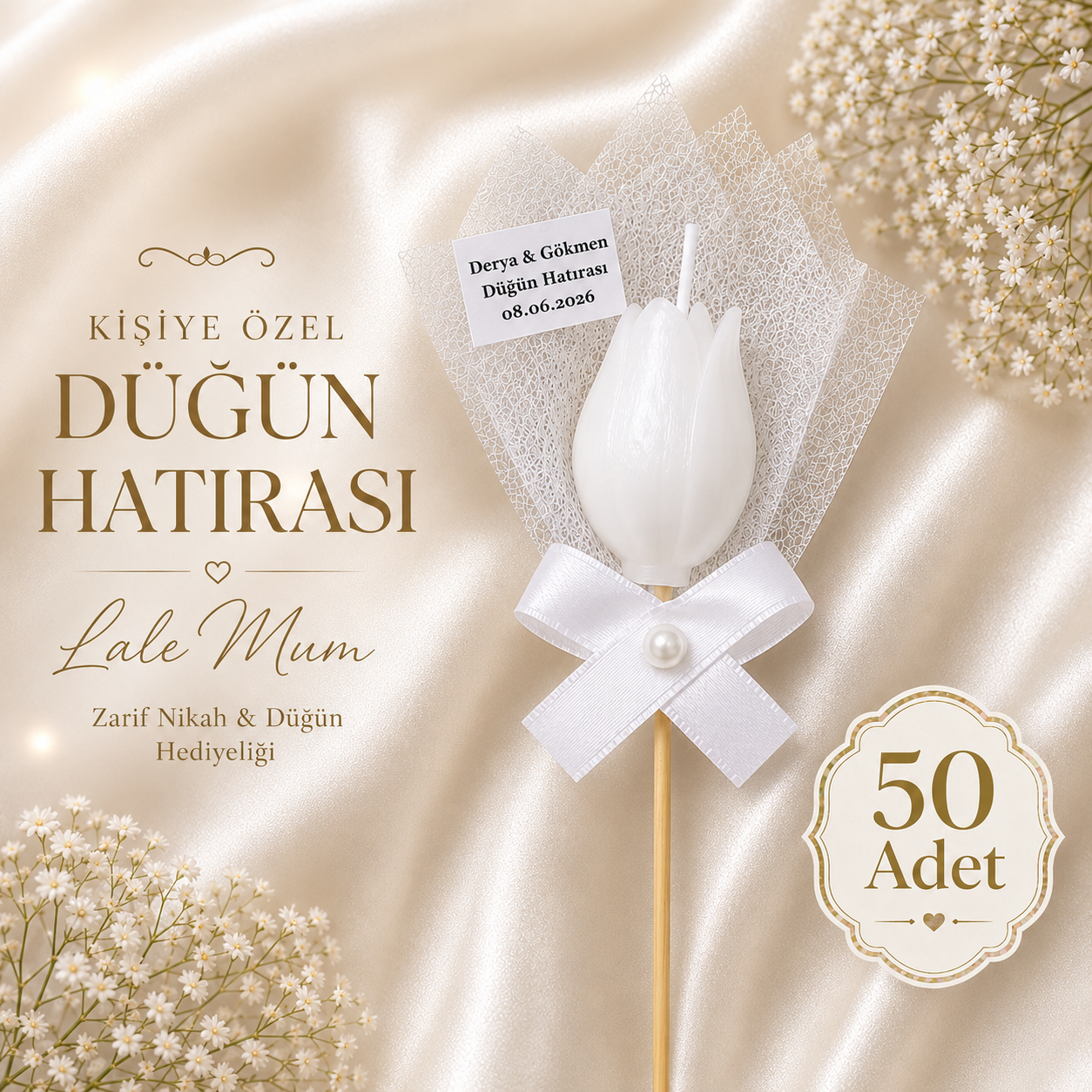 50 Adet Kişiye Özel İnci Taneli Beyaz Lale Kokulu Mum Hediyelik Söz Nişan Kına Baby Shower Organizasyon Hediyesi