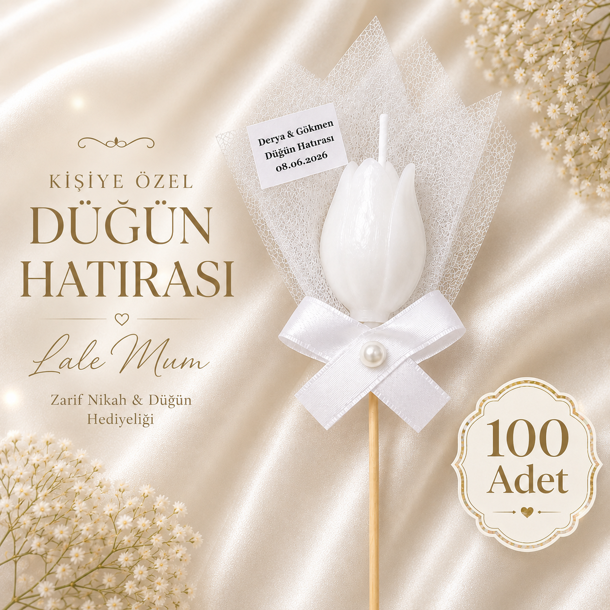 100 Adet Kişiye Özel Beyaz Lale Kokulu Mum Hediyelik Söz Nişan Kına Baby Shower Organizasyon Hediyesi