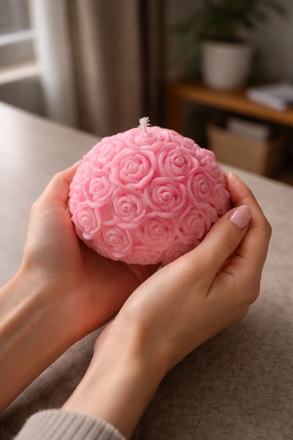 Gül Kokulu Açık Pembe Renkli Gül Desenli Mum