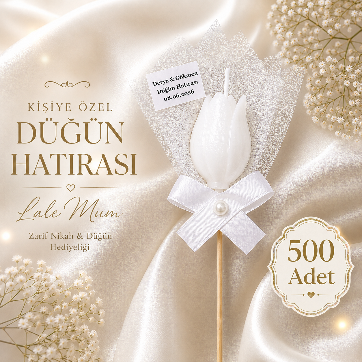500 Adet Kişiye Özel Beyaz Lale Kokulu Mum Hediyelik Söz Nişan Kına Baby Shower Organizasyon Hediyesi