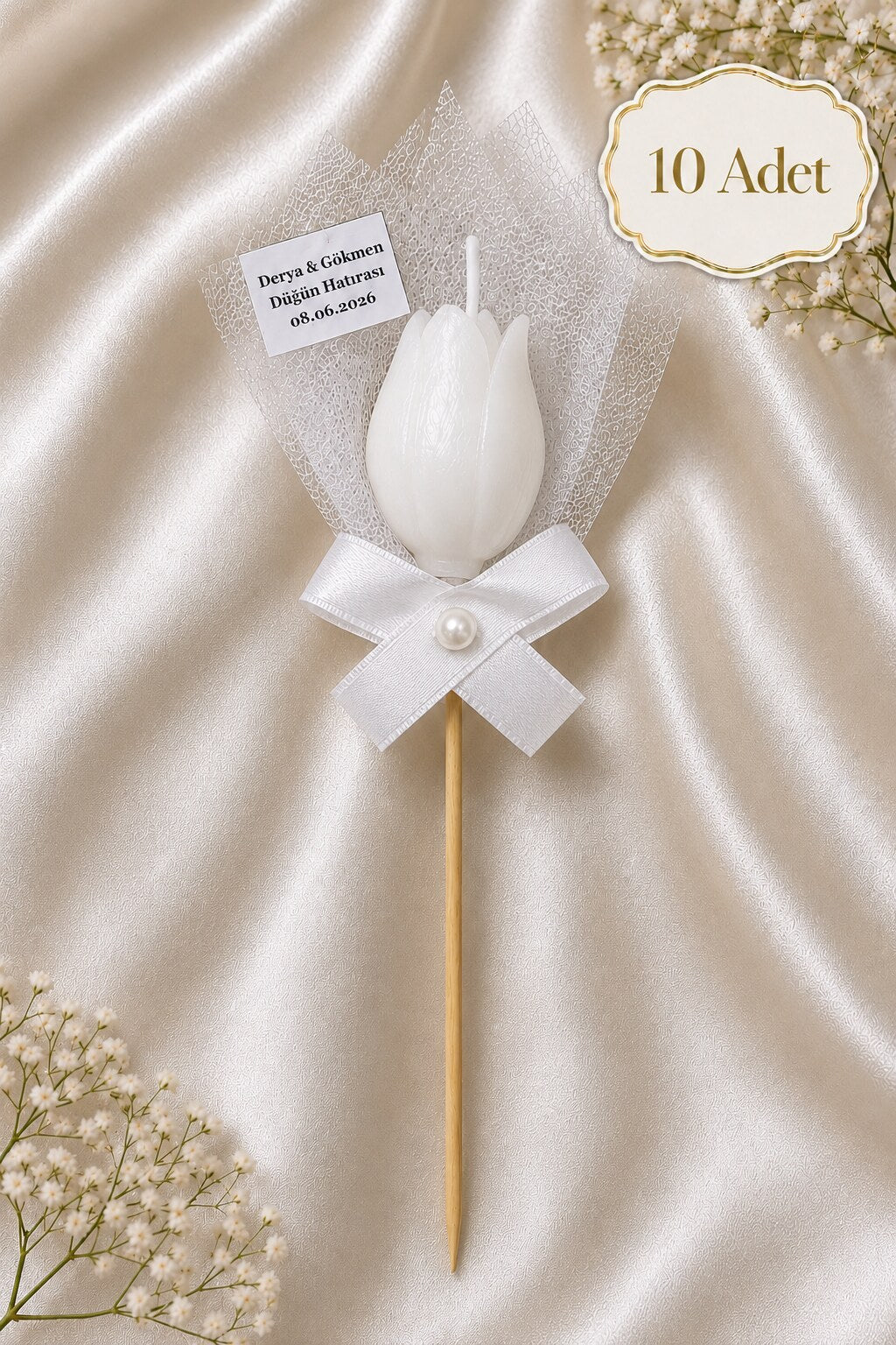 10 Adet Kişiye Özel İnci Taneli Beyaz Lale Kokulu Mum Hediyelik Söz Nişan Kına Baby Shower Organizasyon Hediyesi