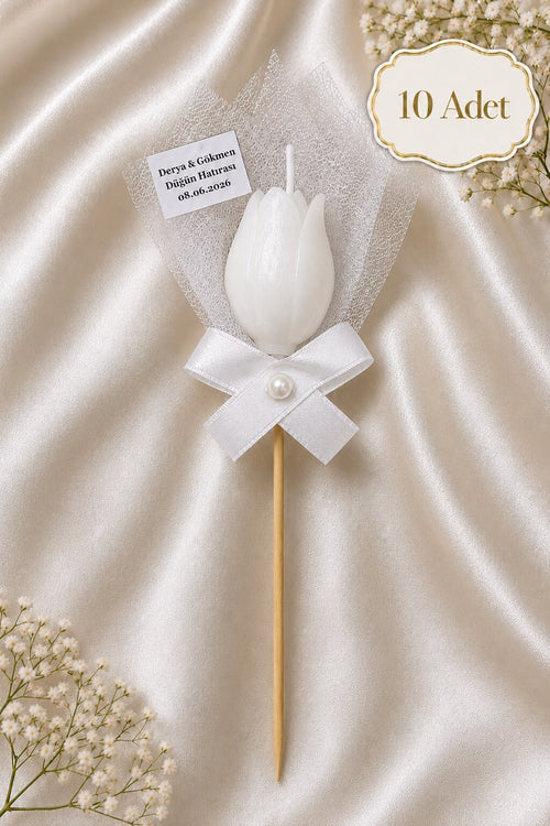 10 Adet Kişiye Özel İnci Taneli Beyaz Lale Kokulu Mum Hediyelik Söz Nişan Kına Baby Shower Organizasyon Hediyesi