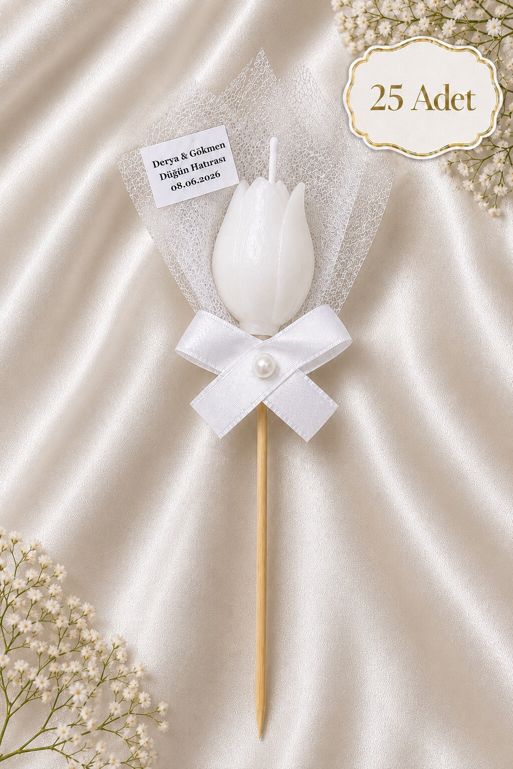 25 Adet Kişiye Özel İnci Taneli Beyaz Lale Kokulu Mum Hediyelik Söz Nişan Kına Baby Shower Organizasyon Hediyesi