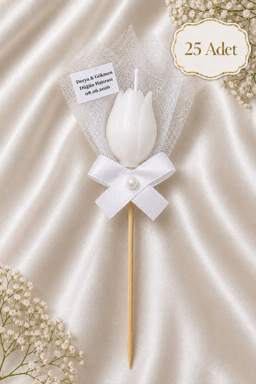 25 Adet Kişiye Özel İnci Taneli Beyaz Lale Kokulu Mum Hediyelik Söz Nişan Kına Baby Shower Organizasyon Hediyesi