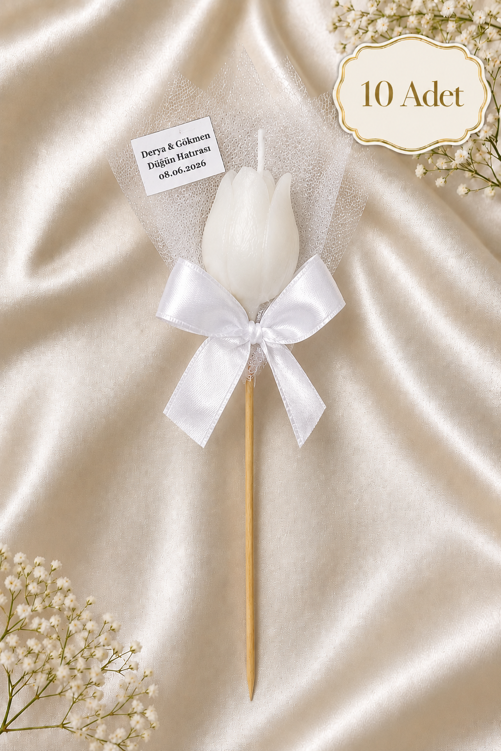 10 Adet Kişiye Özel Beyaz Lale Kokulu Mum Hediyelik Söz Nişan Kına Baby Shower Organizasyon Hediyesi