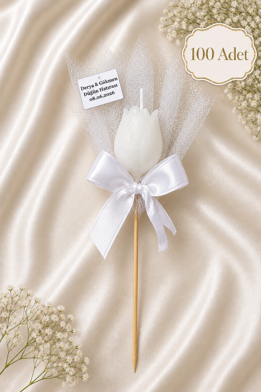100 Adet Kişiye Özel Beyaz Lale Kokulu Mum Hediyelik Söz Nişan Kına Baby Shower Organizasyon Hediyesi