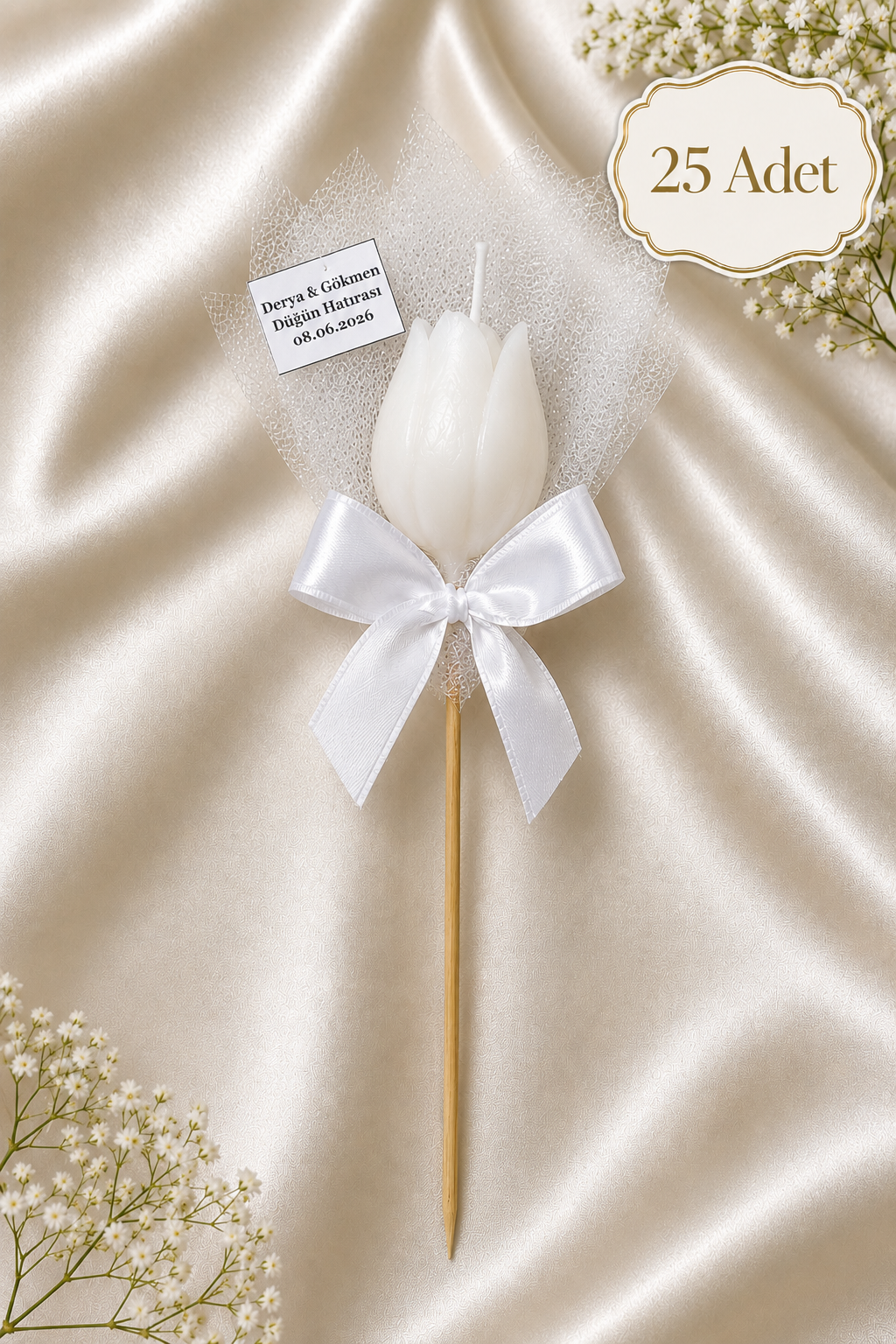 25 Adet Kişiye Özel Beyaz Lale Kokulu Mum Hediyelik Söz Nişan Kına Baby Shower Organizasyon Hediyesi