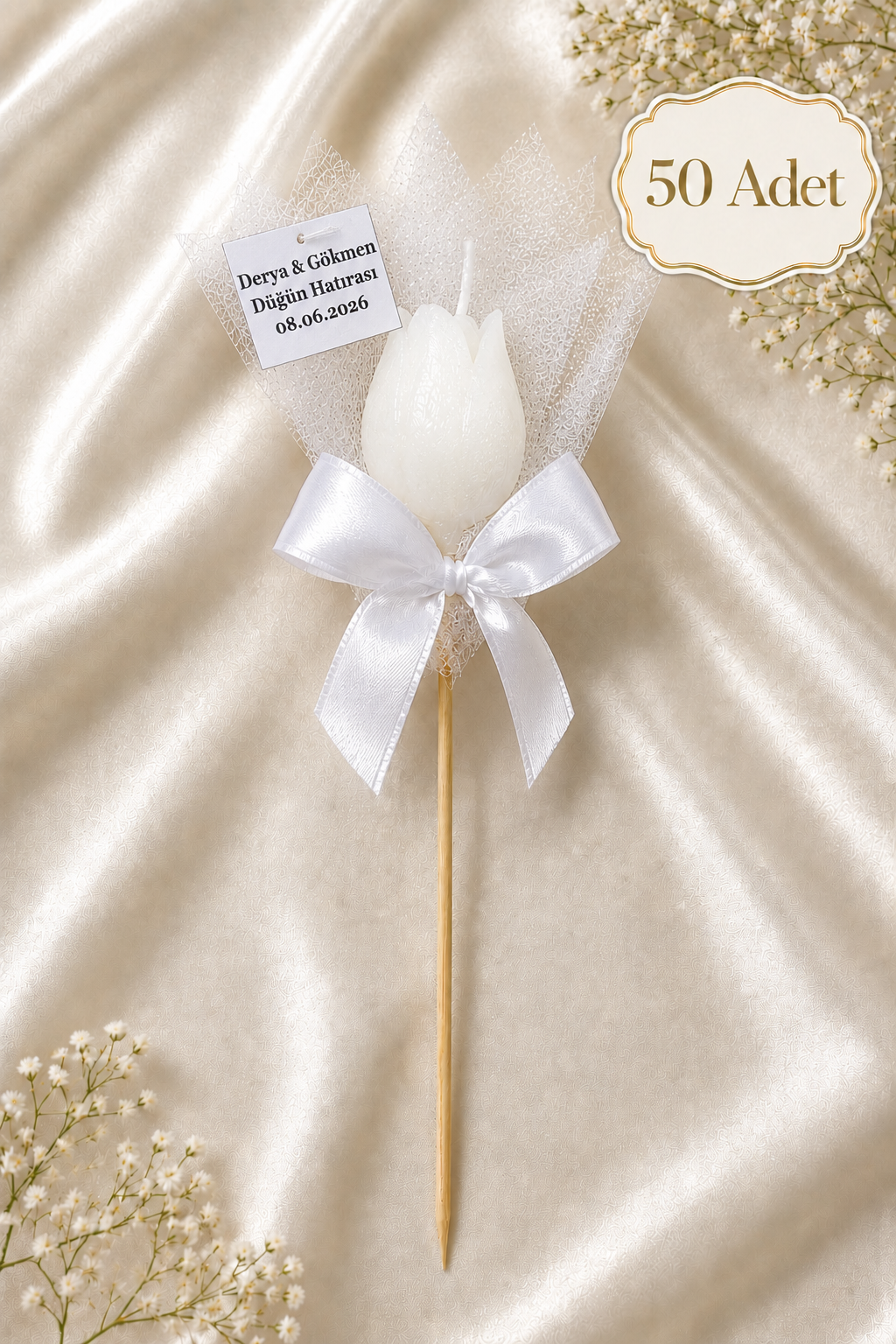 50 Adet Kişiye Özel Beyaz Lale Kokulu Mum Hediyelik Söz Nişan Kına Baby Shower Organizasyon Hediyesi