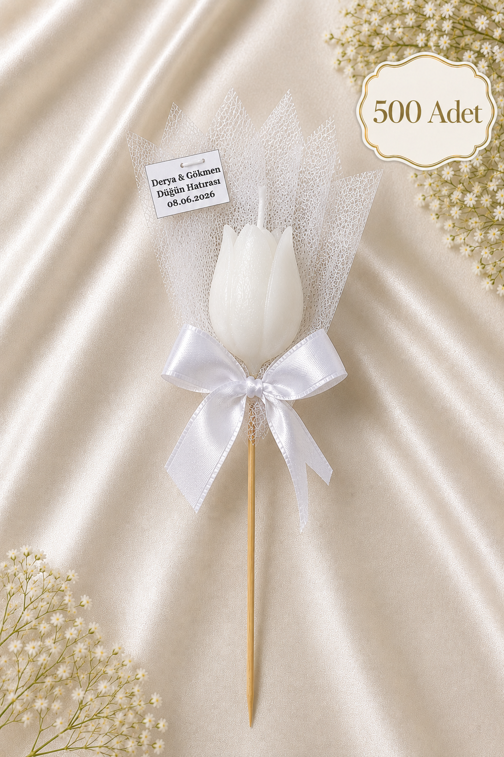 500 Adet Kişiye Özel Beyaz Lale Kokulu Mum Hediyelik Söz Nişan Kına Baby Shower Organizasyon Hediyesi