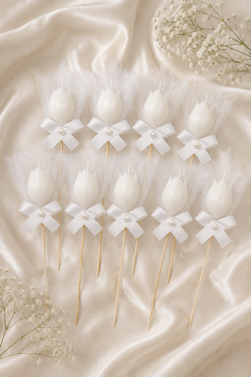 10 Adet Kişiye Özel İnci Taneli Beyaz Lale Kokulu Mum Hediyelik Söz Nişan Kına Baby Shower Organizasyon Hediyesi