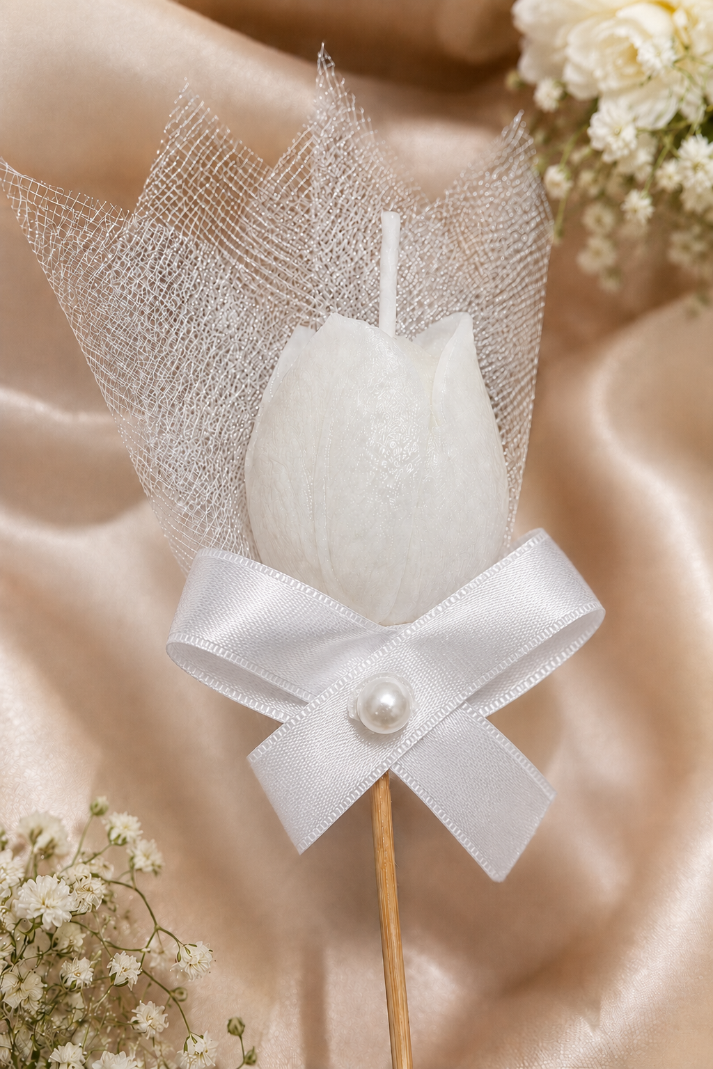 300 Adet Kişiye Özel İnci Taneli Beyaz Lale Kokulu Mum Hediyelik Söz Nişan Kına Baby Shower Organizasyon Hediyesi
