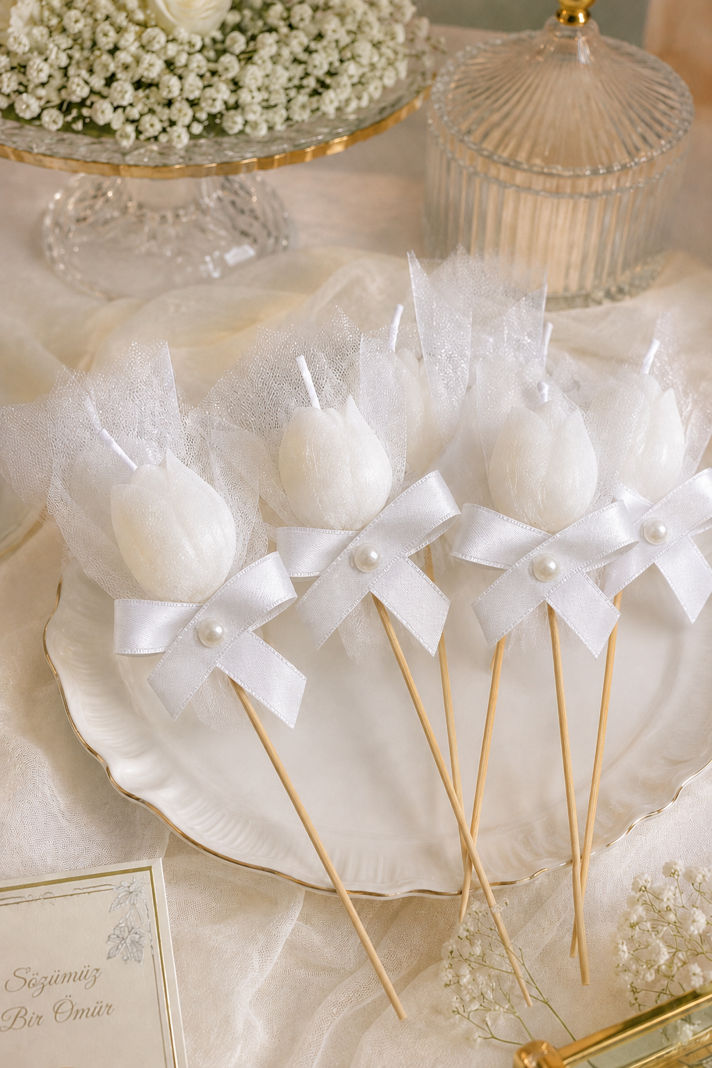 300 Adet Kişiye Özel İnci Taneli Beyaz Lale Kokulu Mum Hediyelik Söz Nişan Kına Baby Shower Organizasyon Hediyesi