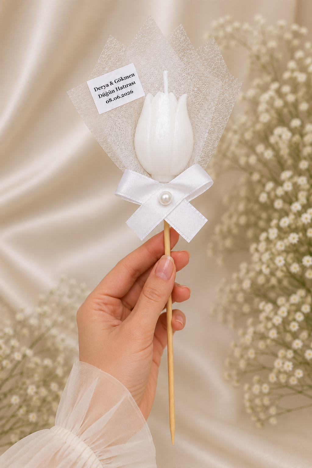 300 Adet Kişiye Özel İnci Taneli Beyaz Lale Kokulu Mum Hediyelik Söz Nişan Kına Baby Shower Organizasyon Hediyesi