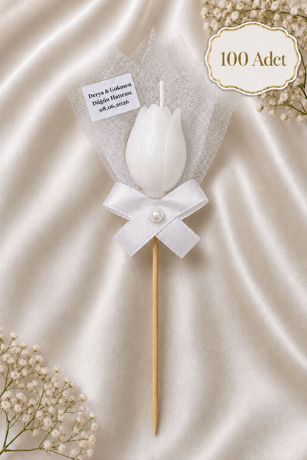 100 Adet Kişiye Özel Beyaz Lale Kokulu Mum Hediyelik Söz Nişan Kına Baby Shower Organizasyon Hediyesi