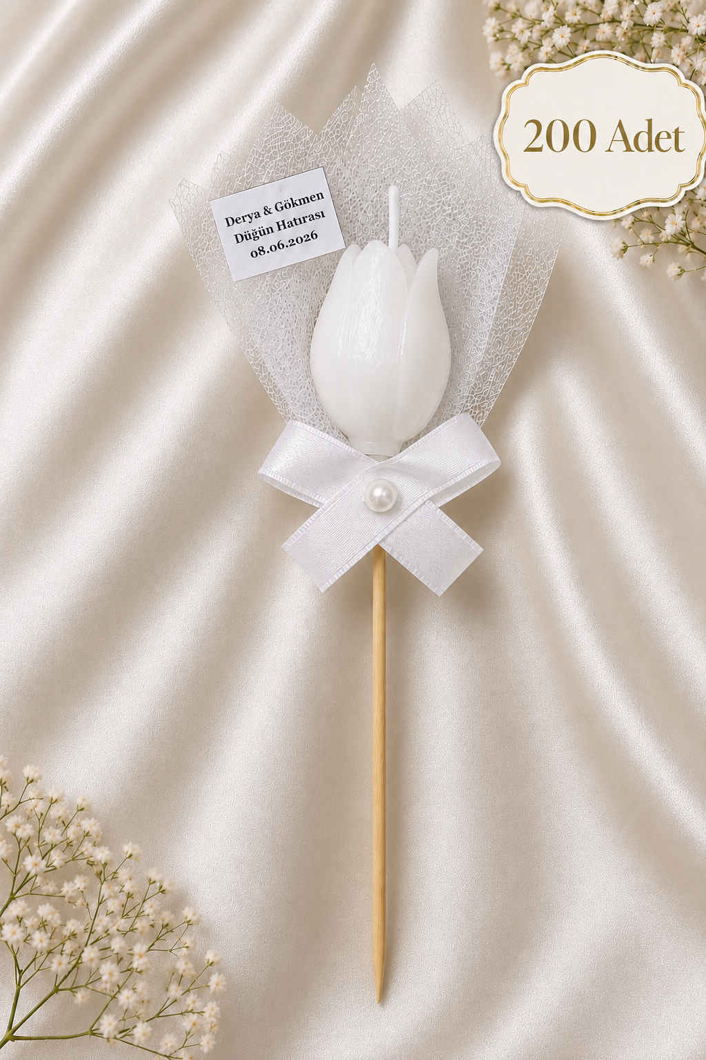 200 Adet Kişiye Özel Beyaz Lale Kokulu Mum Hediyelik Söz Nişan Kına Baby Shower Organizasyon Hediyesi