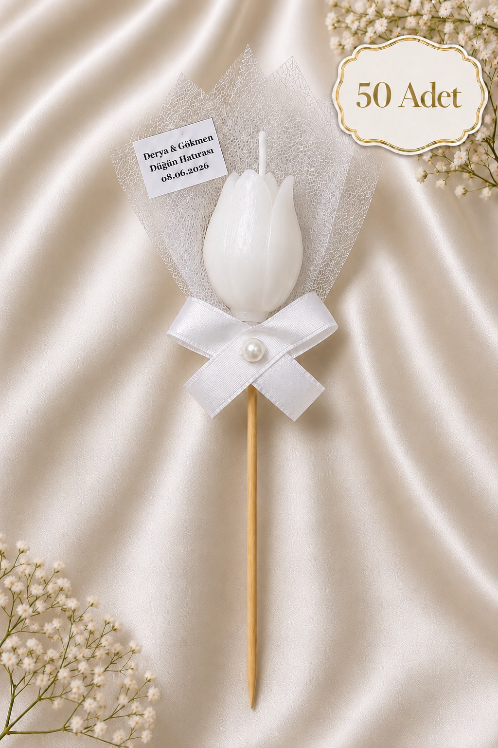50 Adet Kişiye Özel İnci Taneli Beyaz Lale Kokulu Mum Hediyelik Söz Nişan Kına Baby Shower Organizasyon Hediyesi
