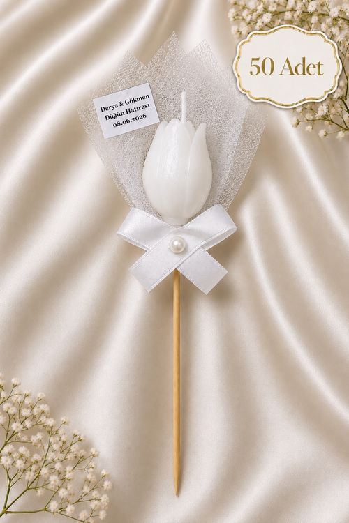 50 Adet Kişiye Özel İnci Taneli Beyaz Lale Kokulu Mum Hediyelik Söz Nişan Kına Baby Shower Organizasyon Hediyesi