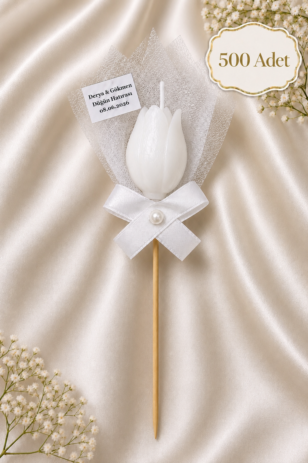 500 Adet Kişiye Özel Beyaz Lale Kokulu Mum Hediyelik Söz Nişan Kına Baby Shower Organizasyon Hediyesi