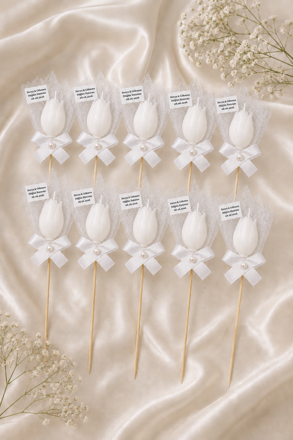 300 Adet Kişiye Özel İnci Taneli Beyaz Lale Kokulu Mum Hediyelik Söz Nişan Kına Baby Shower Organizasyon Hediyesi
