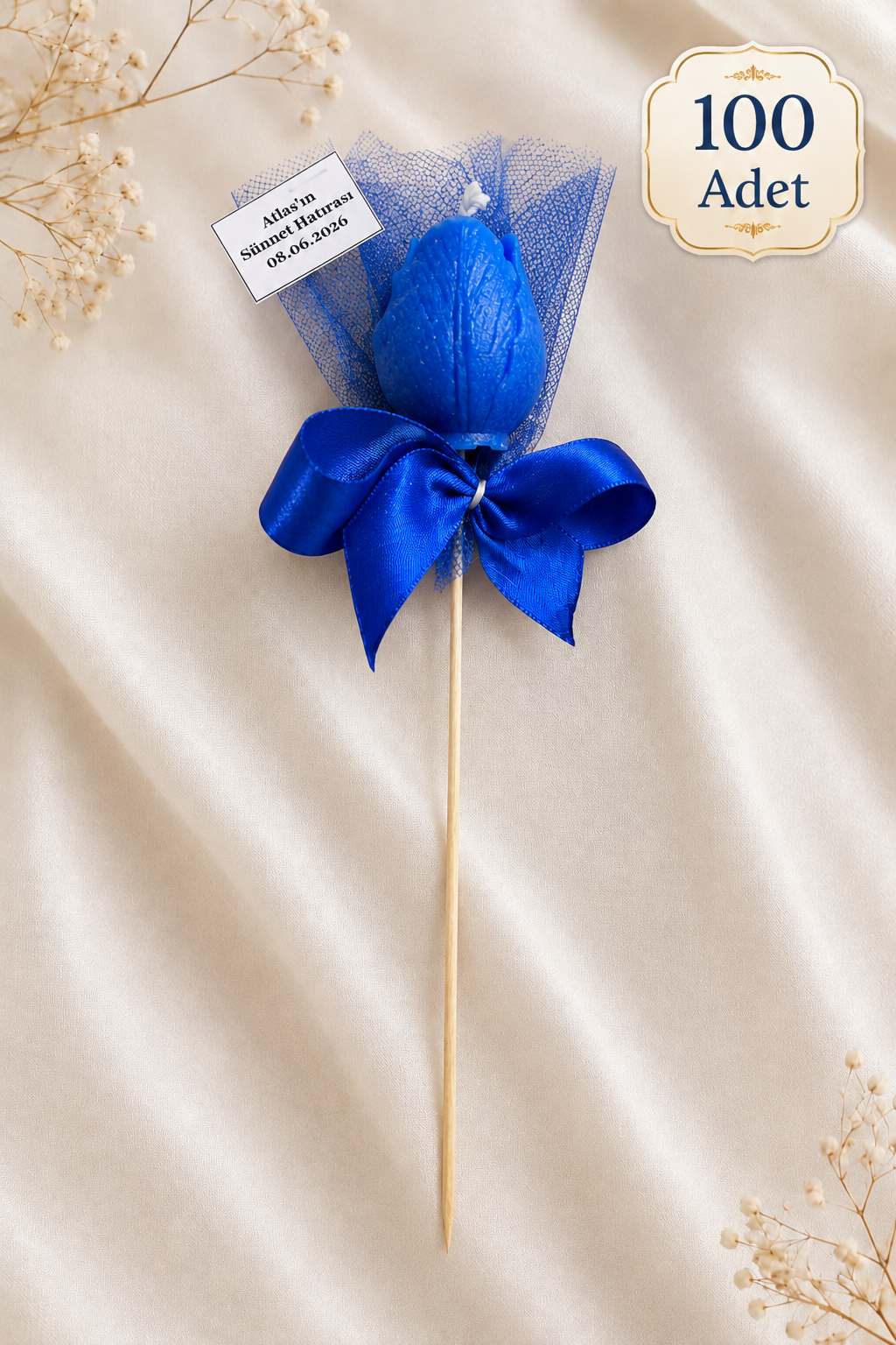 100 Adet Kişiye Özel Mavi Lale Kokulu Mum Hediyelik Söz Nişan Kına Baby Shower Organizasyon Hediyesi