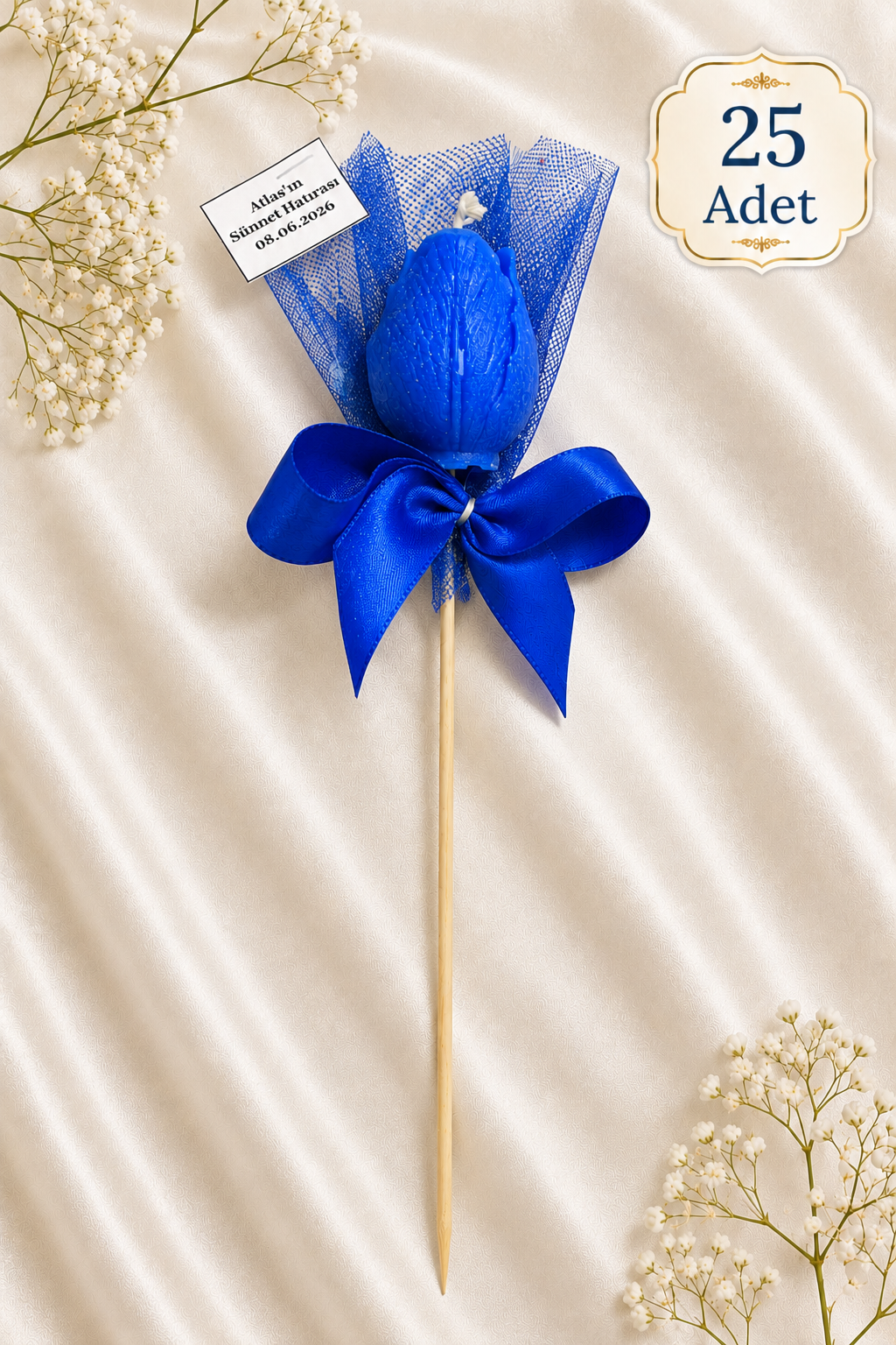 25 Adet Kişiye Özel Mavi Lale Kokulu Mum Hediyelik Söz Nişan Kına Baby Shower Organizasyon Hediyesi