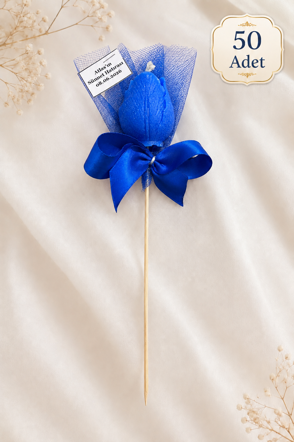 50 Adet Kişiye Özel Mavi Lale Kokulu Mum Hediyelik Söz Nişan Kına Baby Shower Organizasyon Hediyesi