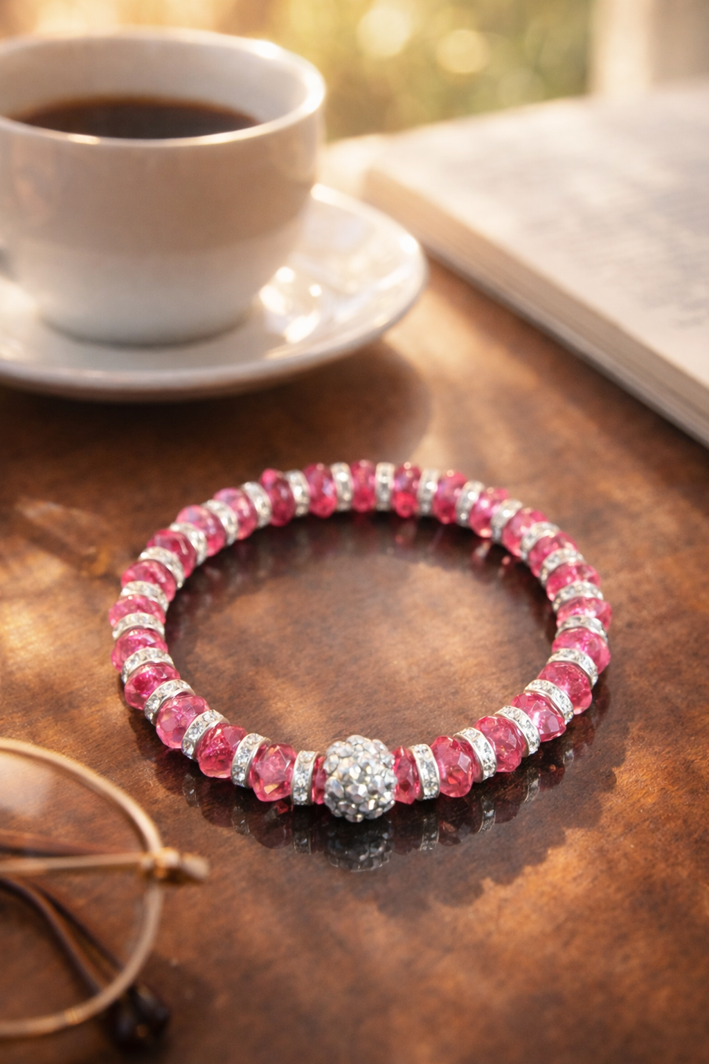 Premium Pembe Kristal Taşlı Kadın Bileklik – Parlak Taş Detaylı Elastik Şık Tasarım