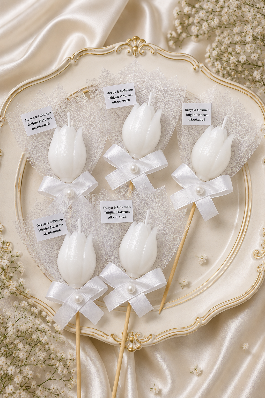 10 Adet Kişiye Özel İnci Taneli Beyaz Lale Kokulu Mum Hediyelik Söz Nişan Kına Baby Shower Organizasyon Hediyesi