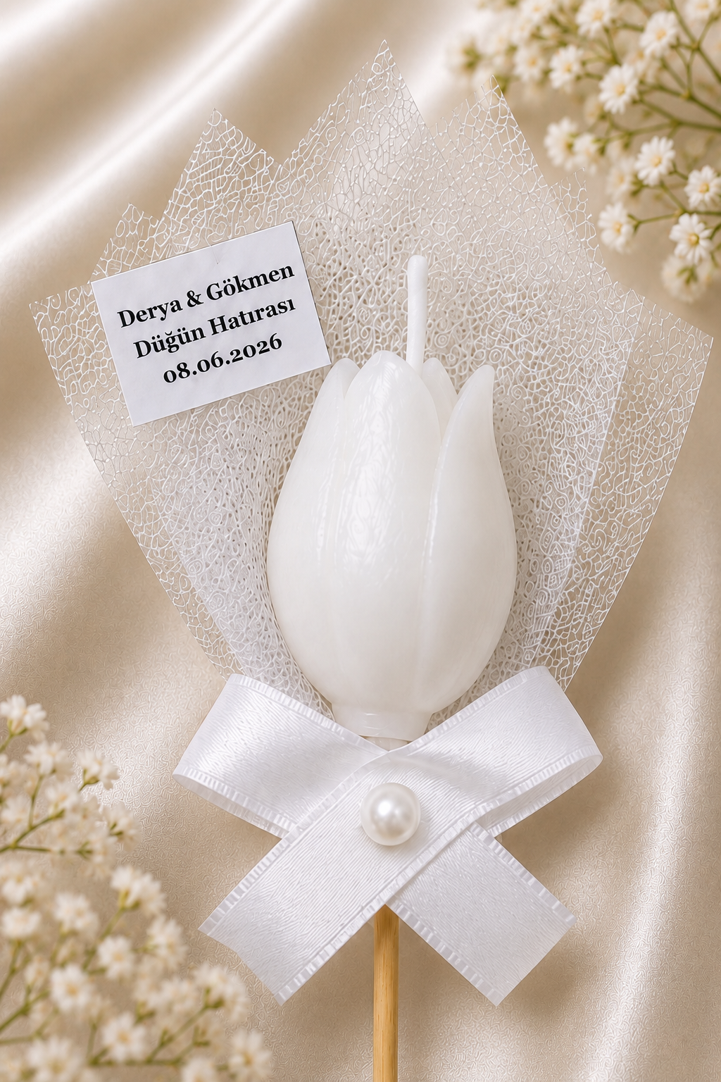 300 Adet Kişiye Özel İnci Taneli Beyaz Lale Kokulu Mum Hediyelik Söz Nişan Kına Baby Shower Organizasyon Hediyesi