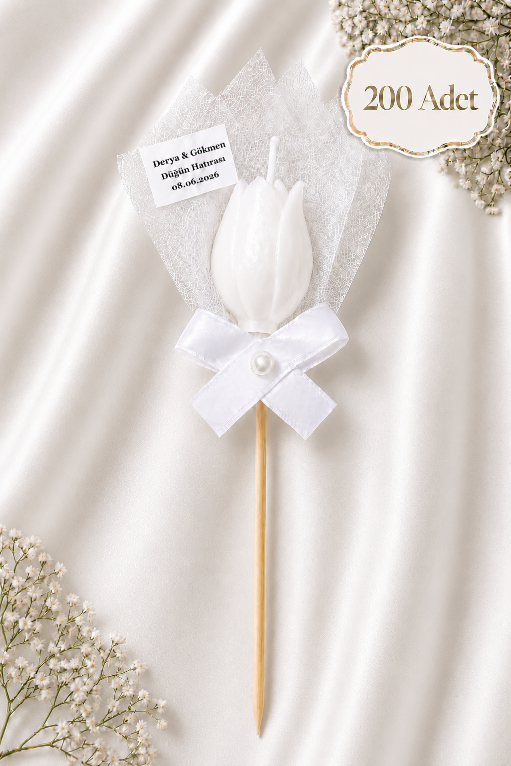 200 Adet Kişiye Özel Beyaz Lale Kokulu Mum Hediyelik Söz Nişan Kına Baby Shower Organizasyon Hediyesi